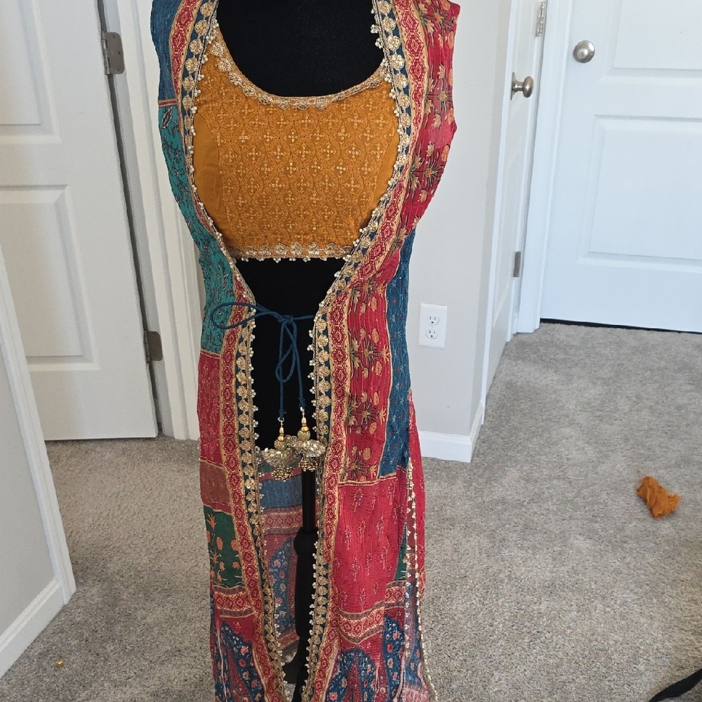 Colorful Patchwork Open Vest with Gold Salwar Khamiz
